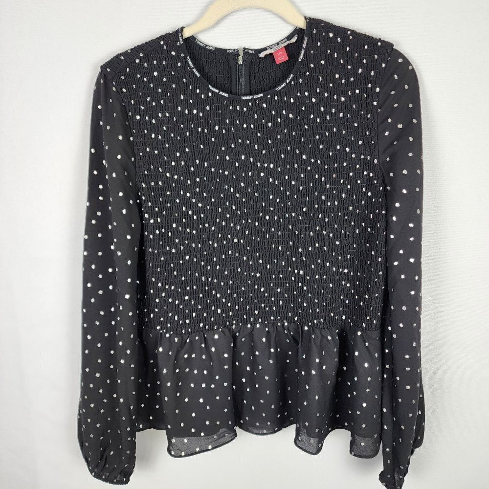 Tommy Jeans Peplum Smocked and Ruffle Polka Dot Top L